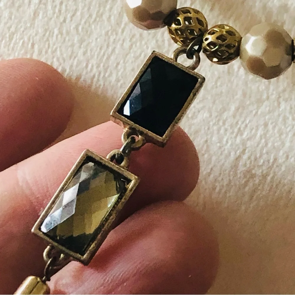 Handcrafted repurpose black and gold chain fringe Czech glass Pearl necklace